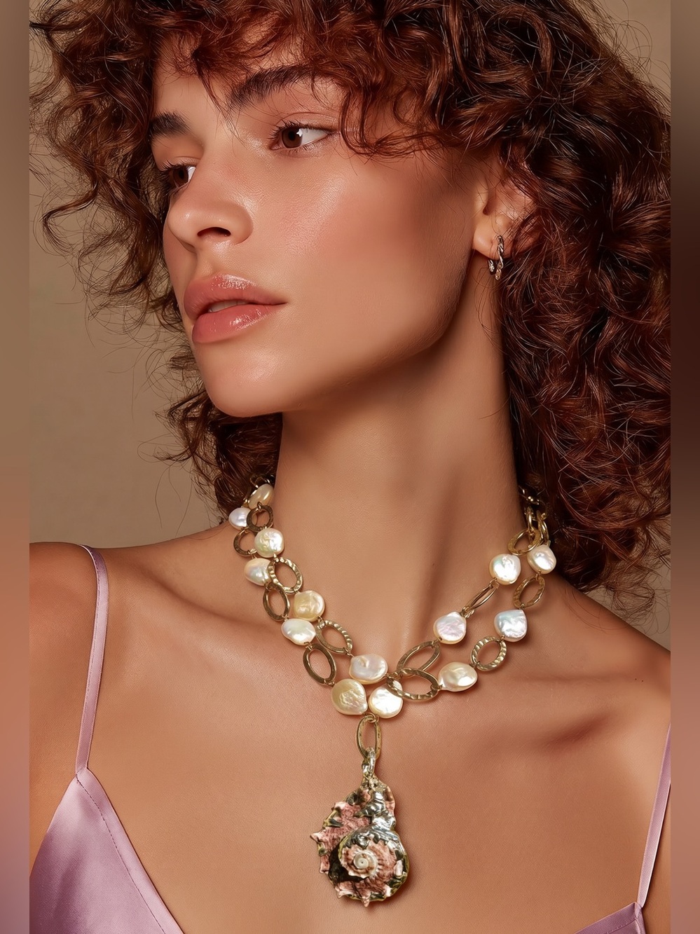 Conch Shell & White Keshi Teardrop Pearl Necklace With Artisan Silver Metalwork - Picture 1 of 17